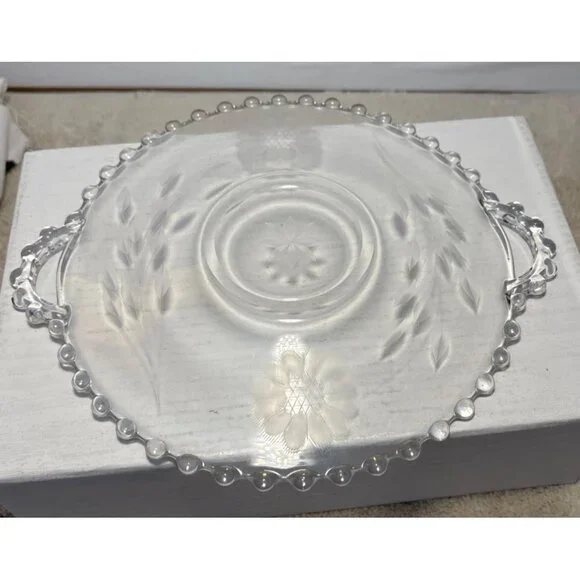 Hughes Cornflower Handled Plate Candlewick Border Etched Glass Serving Tray Vtg - Picture 6 of 7